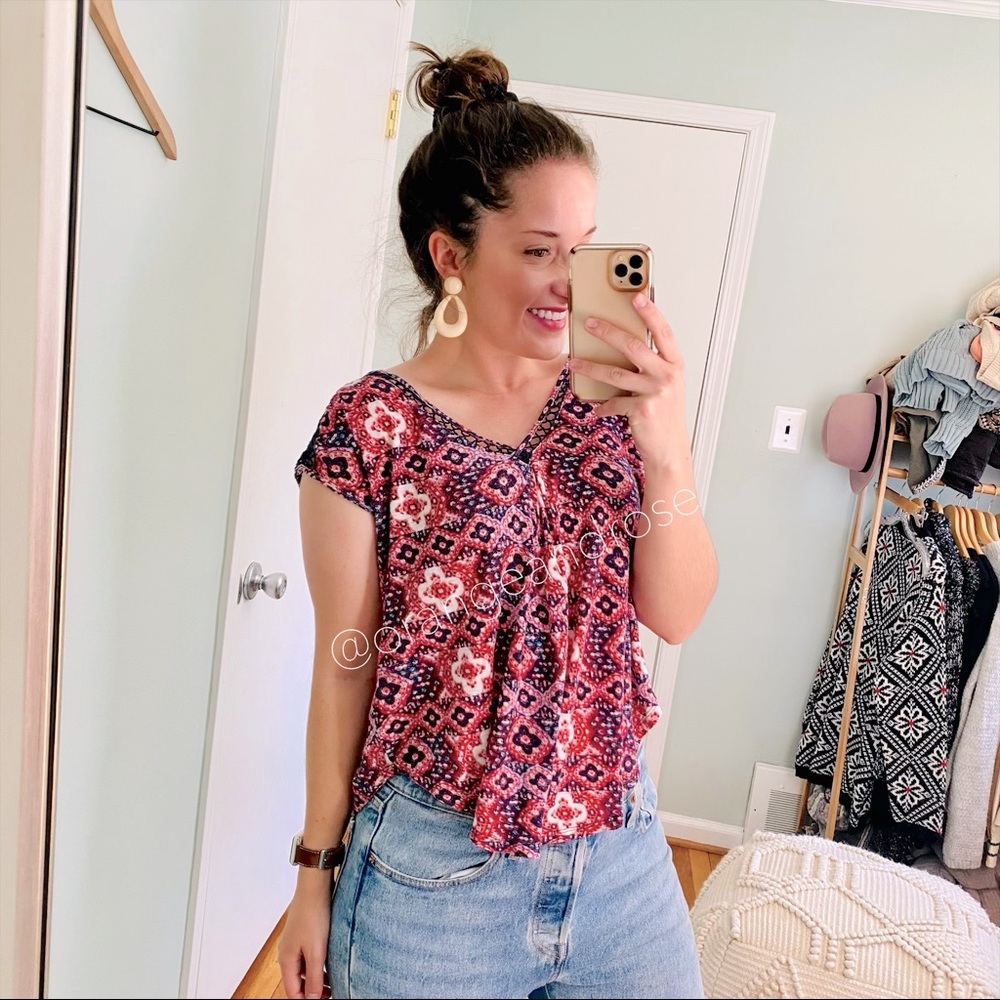 Lucky Brand Red Soft Printed Boho Blouse Small